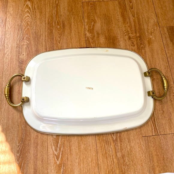 Vintage Porcelain Enameled serving platter with fruit design and brass handles - Picture 3 of 5